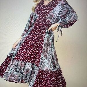GiGio Bohemian Maxi Dress - Burgundy with tie sleeves NWT smocked waist